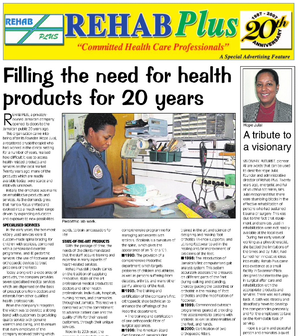 Newspaper page celebrating REHAB Plus’s 20th anniversary. Main headline reads ‘Filling the need for health products for 20 years.’ Featured articles discuss the company’s history and services. A tribute to founder Hope Julal, including her photo, is on the right side. Center image depicts a woman performing pediatric lab work.